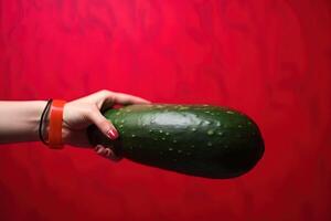 Female hand of woman holding long giant cucumber on red background illustration photo