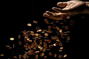 Hand with coins flying business and finance success abstract illustration photo