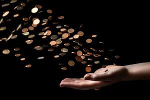Hand with coins flying business and finance success abstract illustration photo