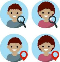 Avatar of man and woman of social network. Search magnifying glass and red route point. Navigation and Internet. Head of Young boy and girl in circle. App and people. Cartoon flat illustration vector