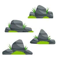 Set of stones. Scenery of nature, forests and mountains. Pile of rubble. Flat cartoon illustration. Decorative element. Grass and green plants vector