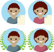 Set of avatars of man and woman in circle. New file icon. Guy and girl. Social network elements and applications. Happy face of character. Cartoon flat illustration. Green Laurel wreath of winner vector