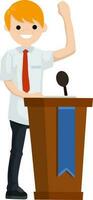 Man in the suit stay behind podium. Presidential election. Political debate. Lecturer in class. The speaker is talking. Dialogue businessman. Cartoon flat illustration vector