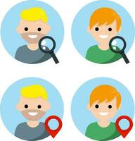 Avatar of man and woman of social network. Search magnifying glass and red route point. Navigation and Internet. Head of Young boy and girl in circle. App and people. Cartoon flat illustration vector