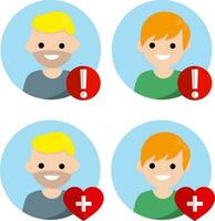 Set of avatars people for social network. Boy and girl. Red exclamation mark, heart with cross. Medical health element and alarm. young nerd man and blond woman. Cartoon flat illustration. Status icon vector