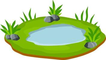 Pond and swamp, lake. Flat cartoon. Background for illustration. Landscape with grass, stones and bush. Element of nature and forest and water. Platform and ground vector