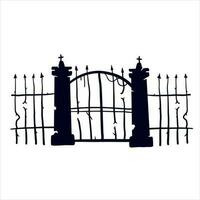 Old fence of cemetery. Halloween decoration. Black silhouette of gloomy wall. Flat illustration isolated on white vector