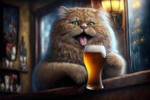 Cat drinking a beer in a pub bar illustration photo