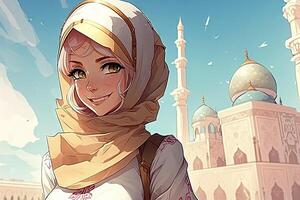 Beautiful anime manga girl in Dubai arabic dressed illustration photo