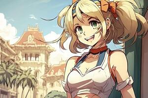 Beautiful anime manga girl in Bangkok thailand illustration photo