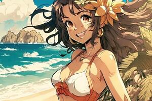 hermosa anime manga niña en Hawai ilustración generativo ai foto