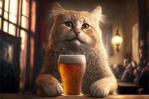 gato Bebiendo un cerveza en un pub bar ilustración generativo ai foto