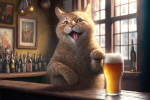 gato Bebiendo un cerveza en un pub bar ilustración generativo ai foto