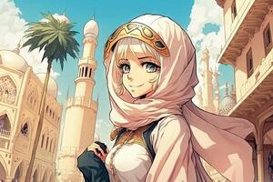 hermosa anime manga niña en dubai Arábica vestido ilustración generativo ai foto