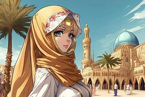 hermosa anime manga niña en dubai Arábica vestido ilustración generativo ai foto