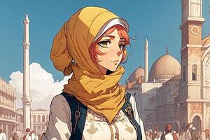 hermosa anime manga niña en Estanbul ilustración generativo ai foto