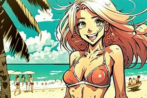 Beautiful anime manga girl in Miami illustration photo