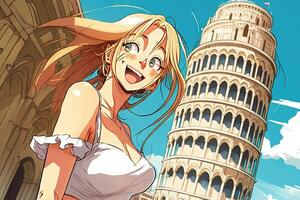 hermosa anime manga niña en Pisa propensión torre pueblo Italia ilustración generativo ai foto