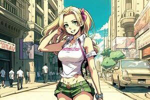 Beautiful anime manga girl in Los Angeles downtown illustration photo