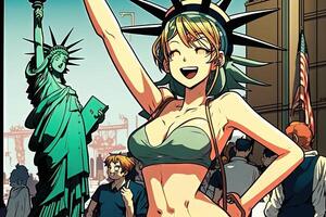 hermosa anime manga niña en nuevo York ciudad estatua de libertad ilustración generativo ai foto