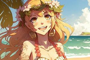 hermosa anime manga niña en Hawai ilustración generativo ai foto