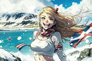 hermosa anime manga niña en Islandia ilustración generativo ai foto