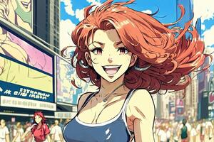 Beautiful anime manga girl in New York City Times Square illustration photo