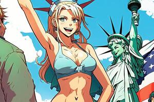 hermosa anime manga niña en nuevo York ciudad estatua de libertad ilustración generativo ai foto