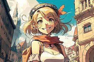 Beautiful anime manga girl in Prague illustration photo