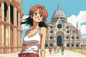 Beautiful anime manga girl in Pisa Leaning Tower town Italy illustration photo