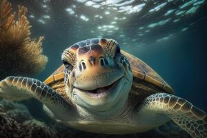 happy sea turtle underwater looking and you and smiling illustration photo