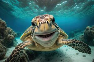 happy sea turtle underwater looking and you and smiling illustration photo