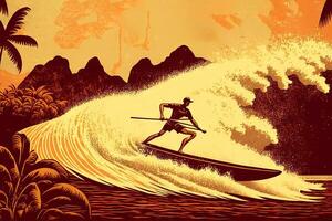 Hawaii retro style art poster holiday surfing and surf Illustration photo