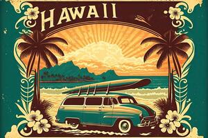 Hawai retro estilo Arte póster fiesta surf y navegar ilustración generativo ai foto