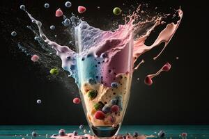 healthy smoothie drops falling in glass. Healthy summer drink, berry milkshake or smoothie illustration photo