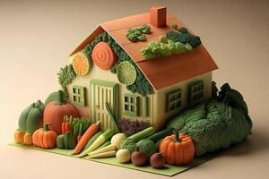 House made of vegetables Creative diet food healthy eating concept photo of human made of fresh fruits and vegetables illustration