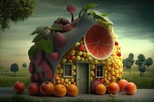 House made of fresh fruits Creative diet food healthy eating concept photo of human made of fresh fruits and vegetables illustration