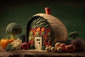 House made of vegetables Creative diet food healthy eating concept photo of human made of fresh fruits and vegetables illustration