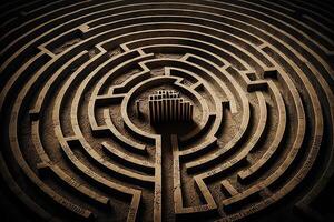 Circular maze Labyrinth, with arrows pointing towards a goal or destination, symbolizing the journey of life or personal growt illustration photo