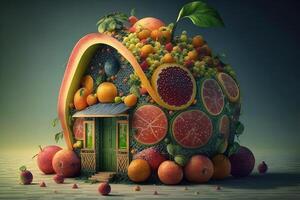 House made of fresh fruits Creative diet food healthy eating concept photo of human made of fresh fruits and vegetables illustration