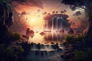 Huge landscape Nature and landscape with a waterfall in a lush forest or a sunset over a calm ocean illustration photo