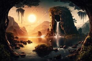 Huge landscape Nature and landscape with a waterfall in a lush forest or a sunset over a calm ocean illustration photo