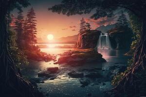 Huge landscape Nature and landscape with a waterfall in a lush forest or a sunset over a calm ocean illustration photo