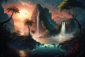 Huge landscape Nature and landscape with a waterfall in a lush forest or a sunset over a calm ocean illustration photo