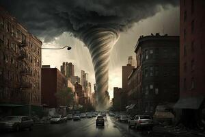 nuevo York ciudad Estados Unidos arremolinándose tornado destruir edificios huracán peligro viento tromba marina tornado tormenta natural desastre ilustración generativo ai foto