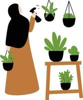 A vector illustration of a woman watering potted houseplants.