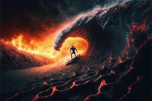 Hell infernal surfer surfing lava waves with surf board in flames illustration photo