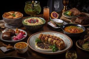 Ramadán kareem iftar comida con un formación de fresco, estacional frutas y vegetales ilustración generativo ai foto