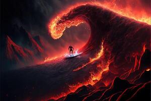 Hell infernal surfer surfing lava waves with surf board in flames illustration photo