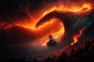 Hell infernal surfer surfing lava waves with surf board in flames illustration photo